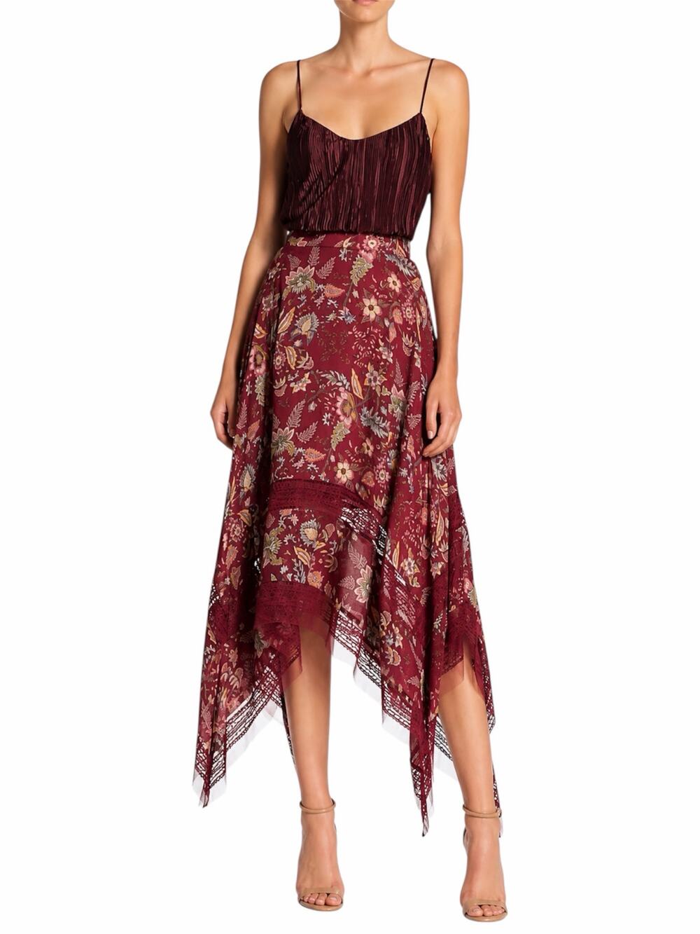 BCBGMaxAzria Floral Print Toile Handkerchief Midi Skirt Red Size XS